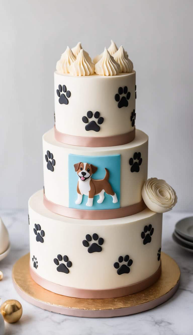 A playful pup surrounded by paw prints and dog-themed cake decorations