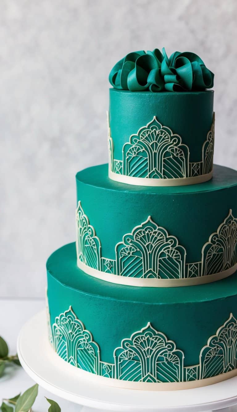 A three-tiered cake adorned with intricate art deco patterns in deep emerald green