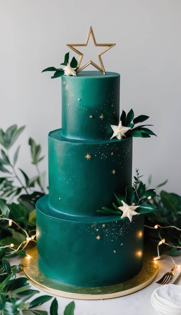 A celestial star design adorns a deep emerald green cake, surrounded by lush foliage and twinkling lights