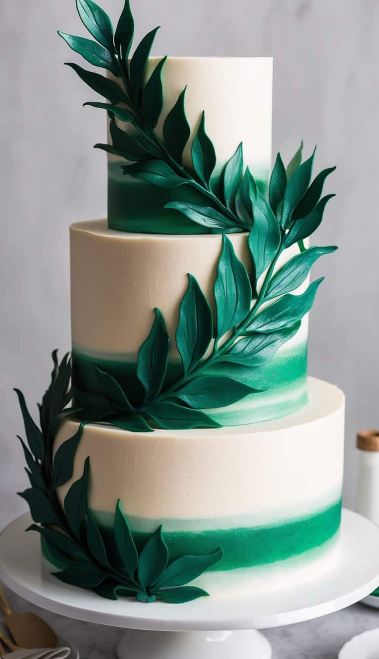 A lush, leafy motif in rich emerald green adorns a decadent cake, adding a stunning, natural touch to the elegant dessert