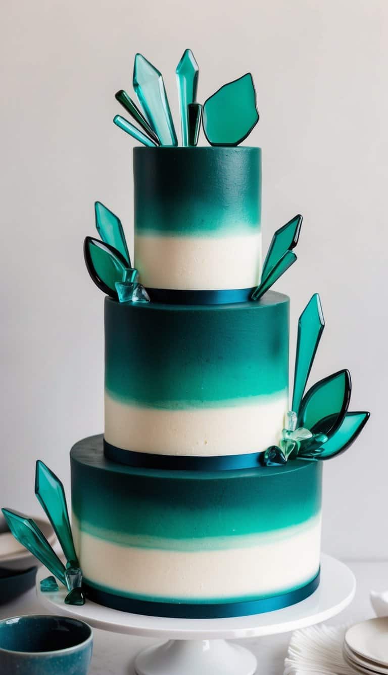 A three-tiered cake with deep emerald green icing, adorned with glass-like sugar decorations in various shapes and sizes