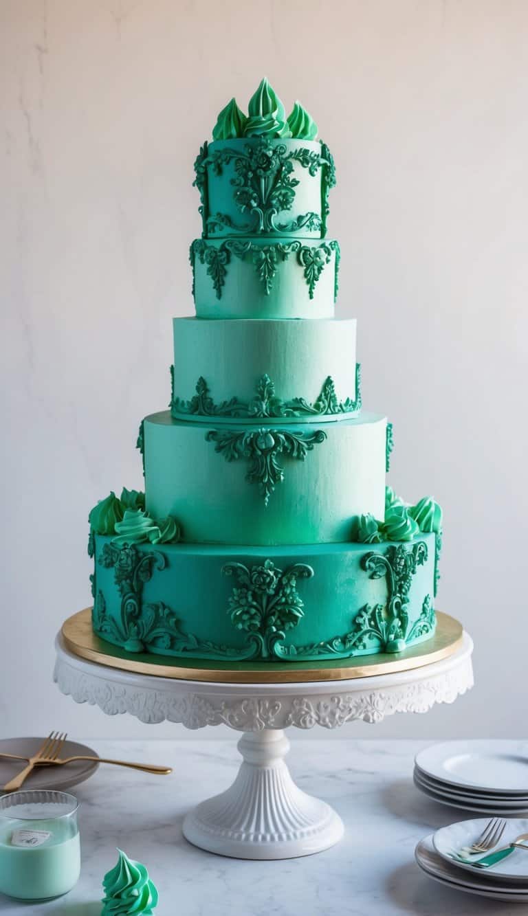 A lavish baroque-style cake stand adorned with intricate emerald green icing and ornate decorations