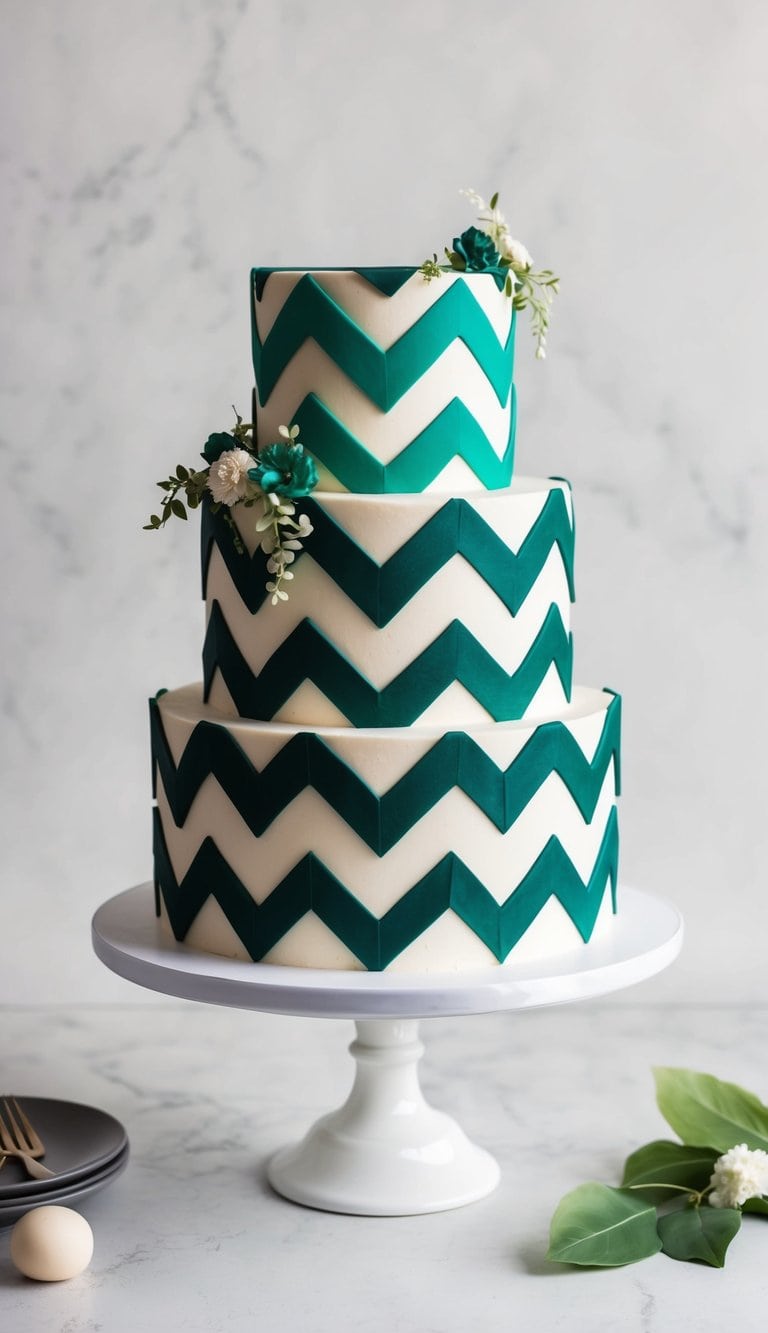 A three-tiered cake covered in a bold chevron pattern of deep emerald green hues, adorned with intricate edible decorations