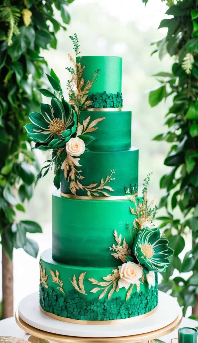 A towering emerald green cake adorned with intricate floral designs and shimmering gold accents, set against a backdrop of lush greenery