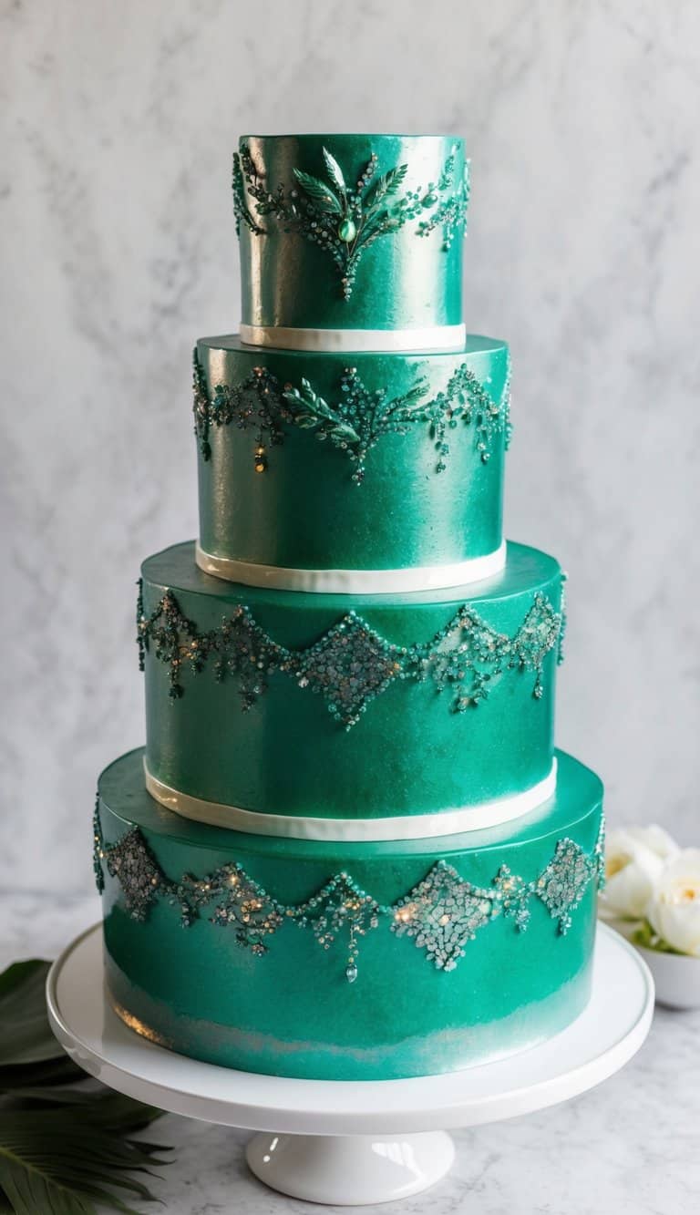 The emerald green cake is adorned with iridescent shimmers, creating a stunning and elegant visual display