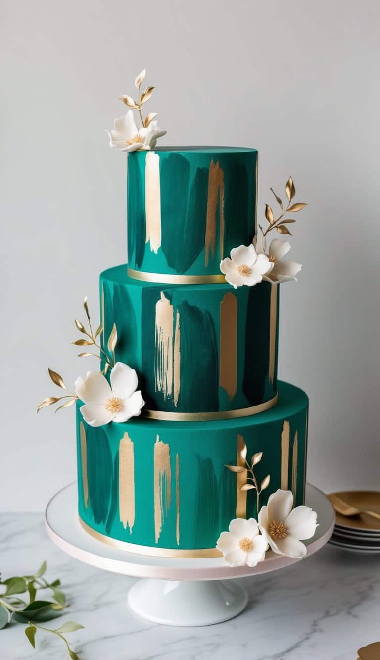 A three-tiered cake with intricate brush stroke patterns in deep emerald green, adorned with delicate fondant flowers and gold accents