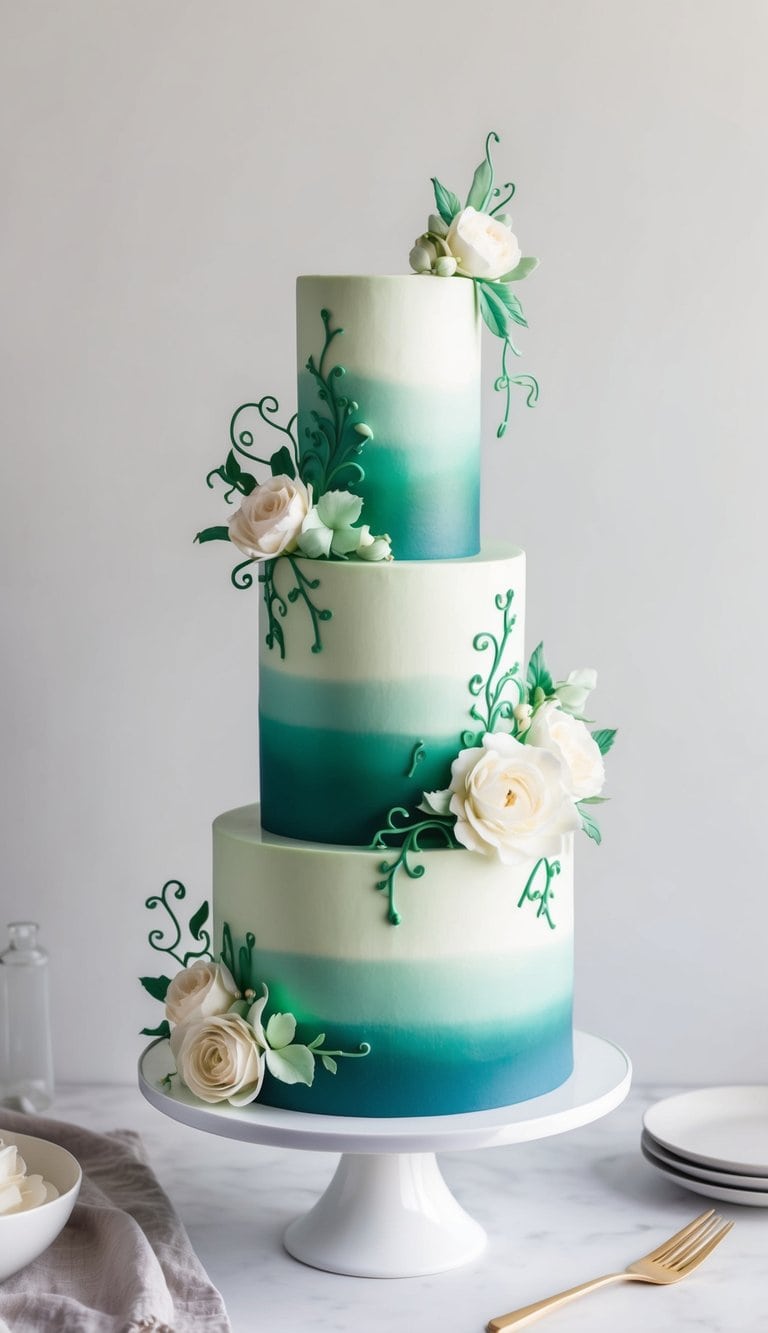 A tall, tiered cake adorned with smooth gradient emerald green icing, adorned with intricate floral and vine designs