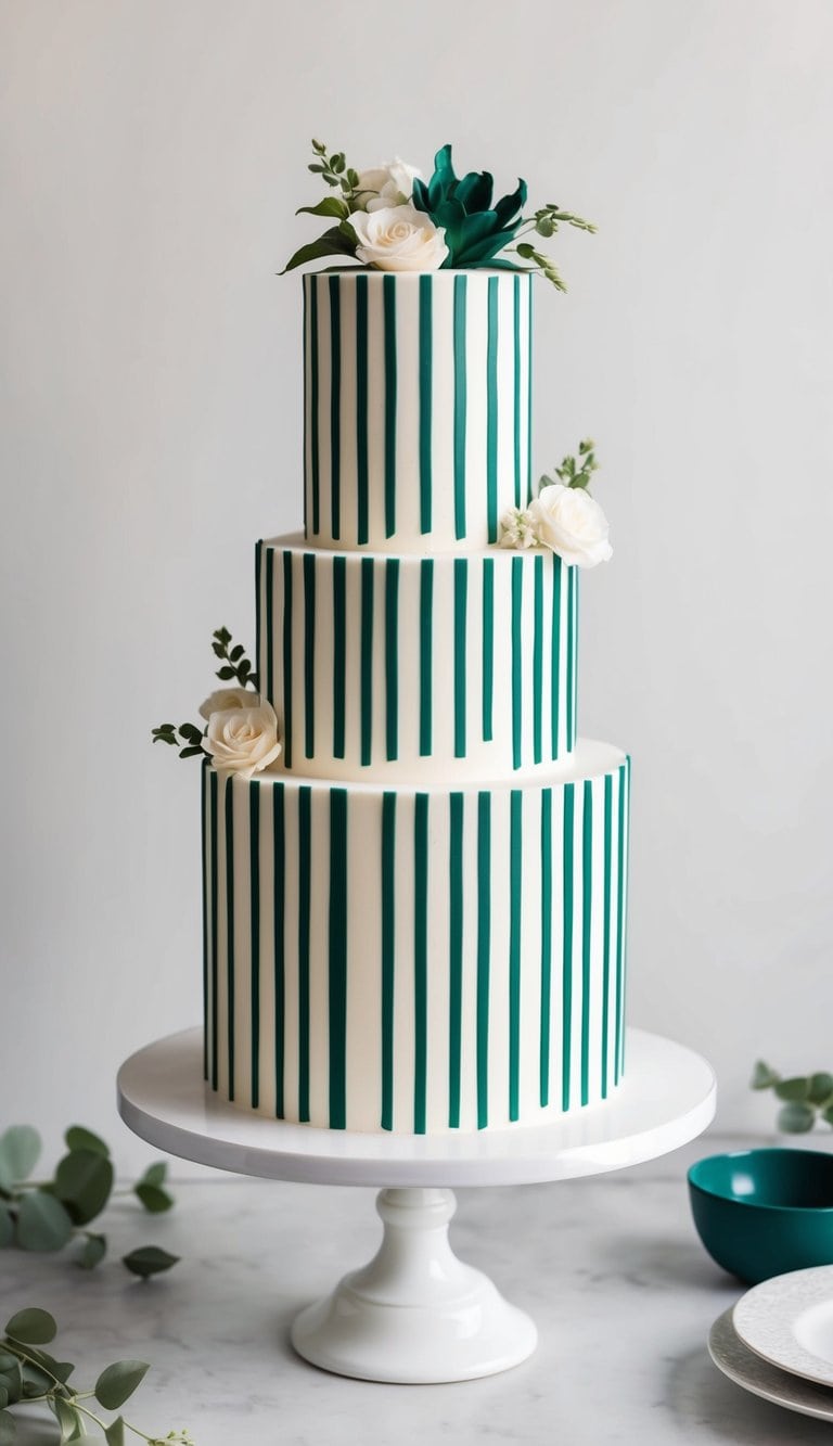 A tall, elegant cake adorned with thin vertical stripes of deep emerald green, standing on a pristine white cake stand