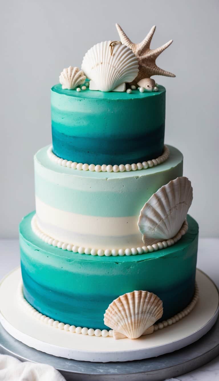A seaside shell theme cake with deep emerald green hues, adorned with edible pearls and intricate sugar seashells