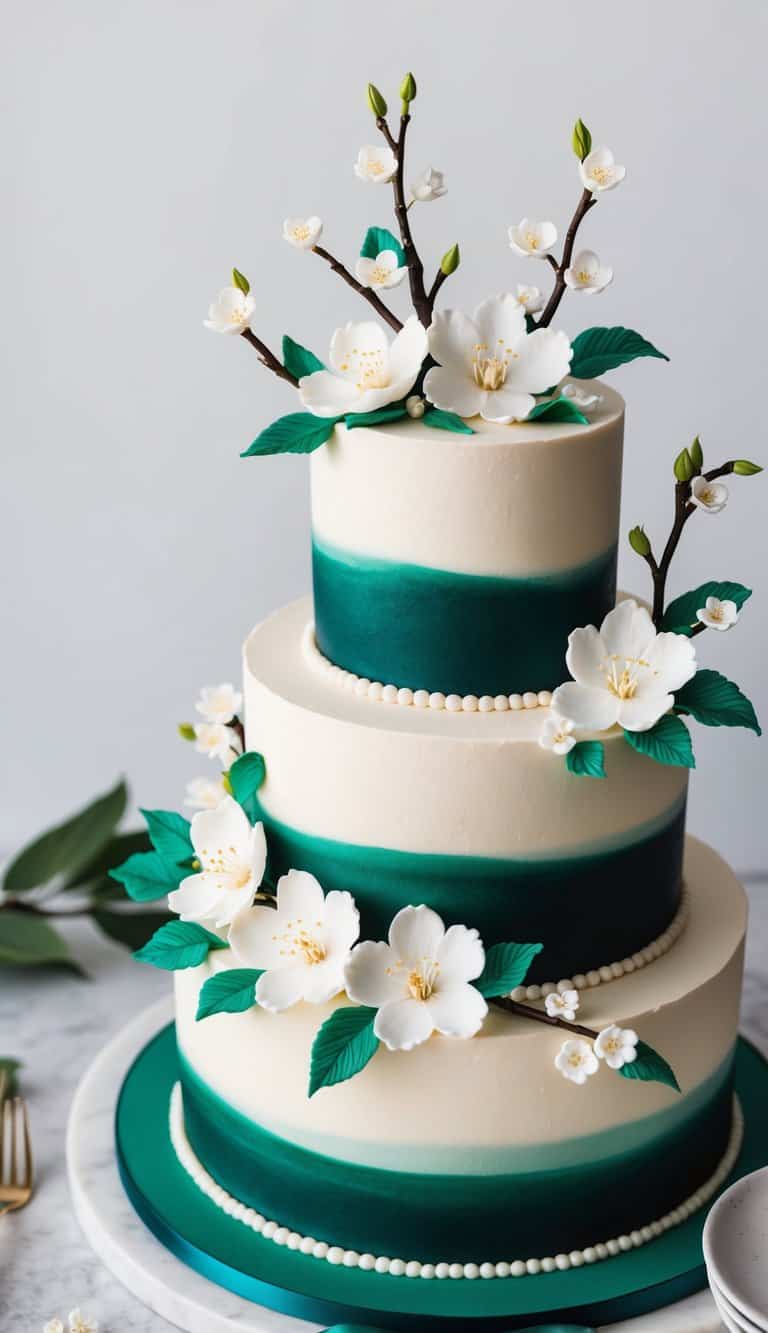 A tiered cake adorned with cherry blossom motifs in deep emerald green icing