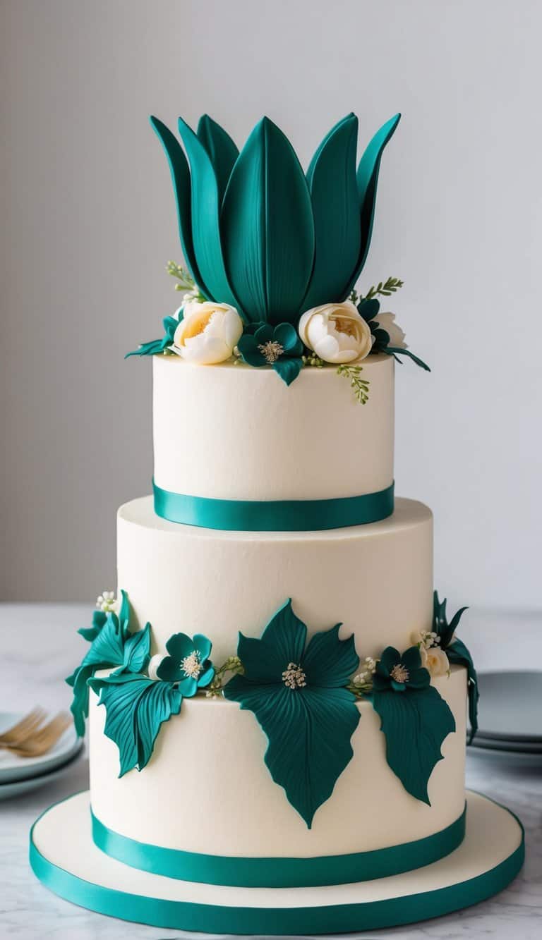 A three-tier cake with a tulip top design in deep emerald green, adorned with intricate floral decorations