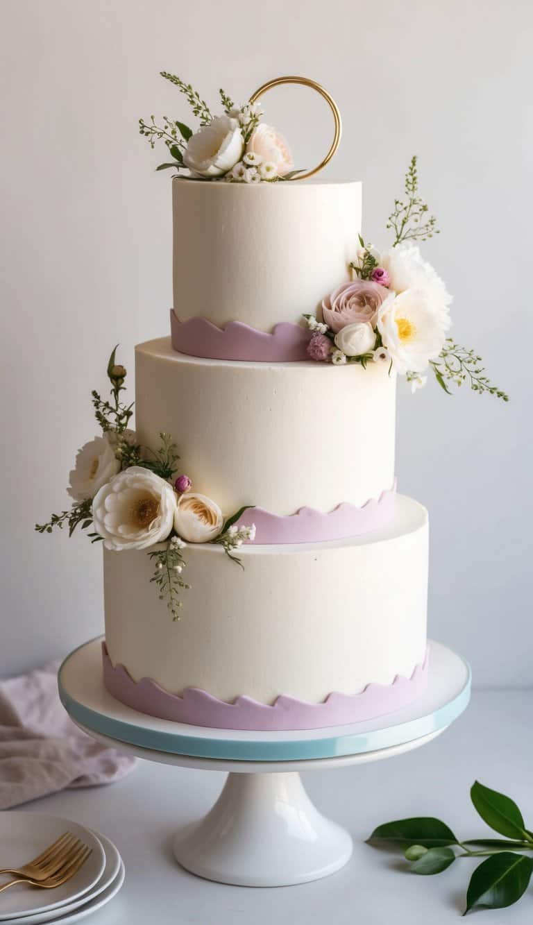 A two-tiered floral buttercream cake with delicate ring and floral arrangements on top