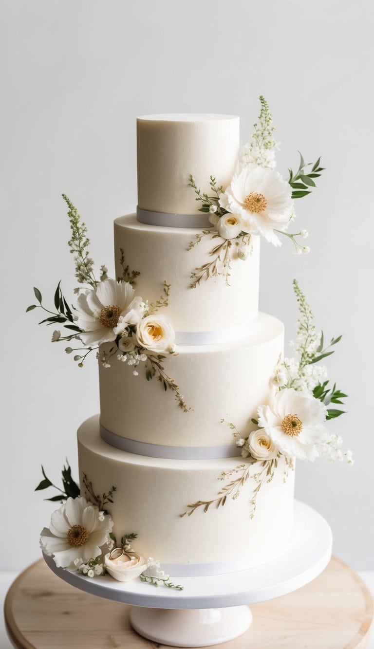 A tiered cake adorned with delicate floral arrangements and a pair of intertwined engagement rings
