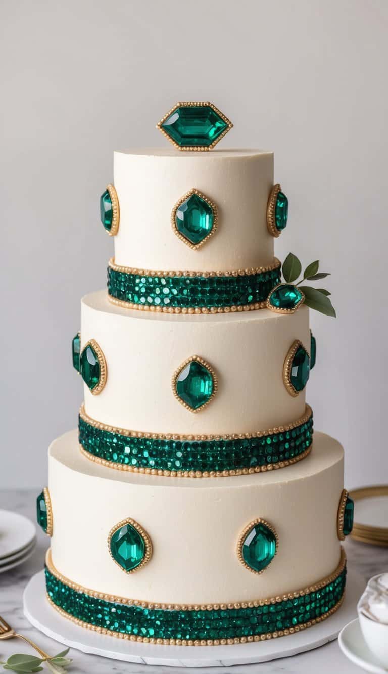 A three-tiered cake adorned with emerald green cabochon gem-like decorations, shimmering under soft lighting