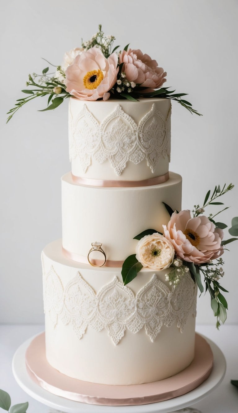 A vintage lace design cake adorned with floral arrangements and engagement rings