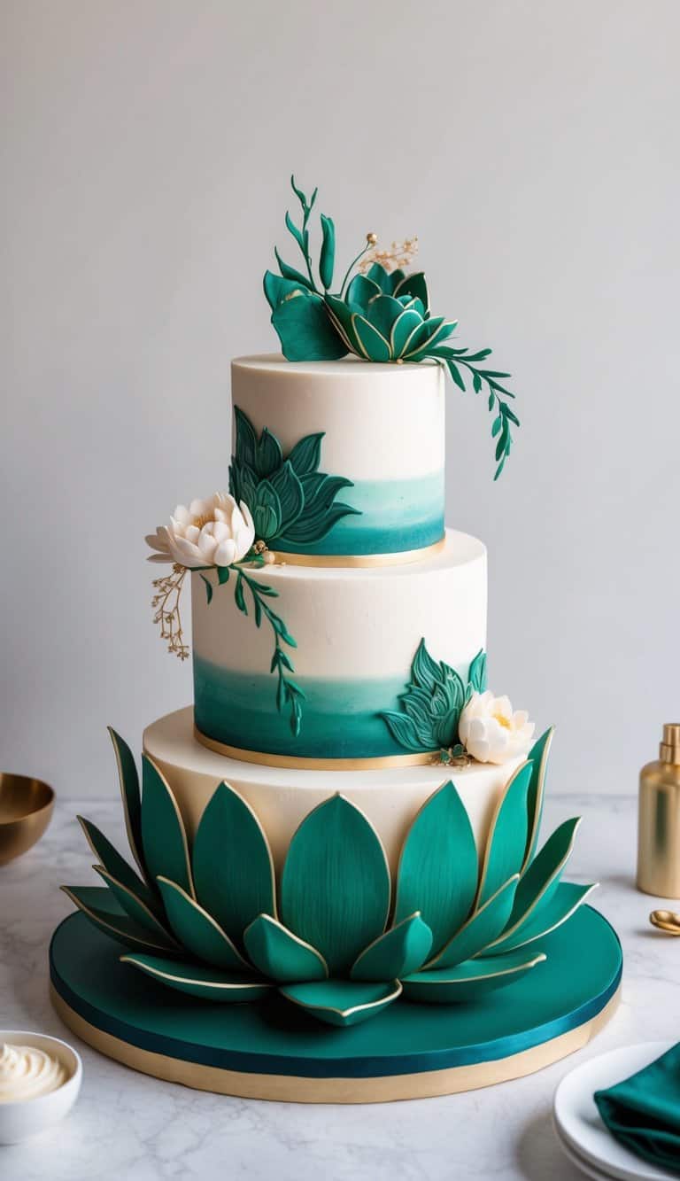 A three-tiered cake with a lotus base design, adorned with deep emerald green hues and intricate decorative elements