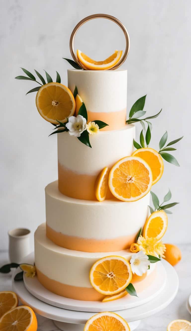 A citrus cake decorated with fruit and flowers, with a ring on top