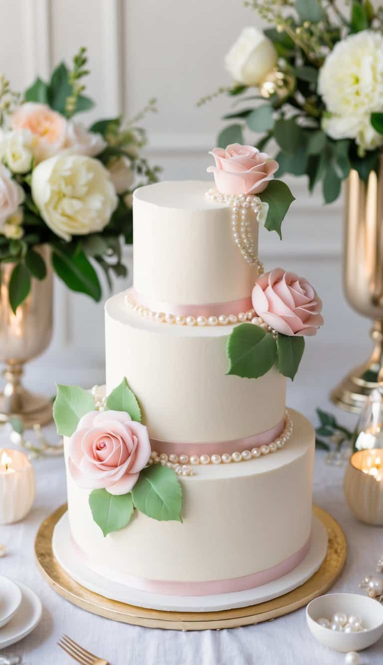A three-tiered cake adorned with sugar roses and pearls, surrounded by elegant decor and festive ambiance