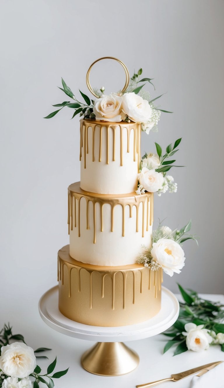 A golden drip cake adorned with delicate floral arrangements and elegant ring toppers