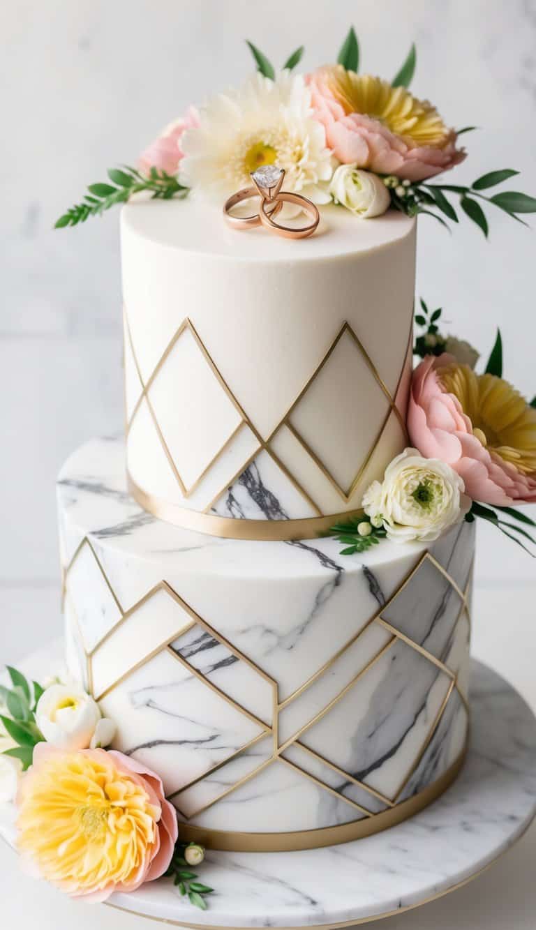 A round marble cake adorned with geometric patterns, floral arrangements, and two engagement rings on top