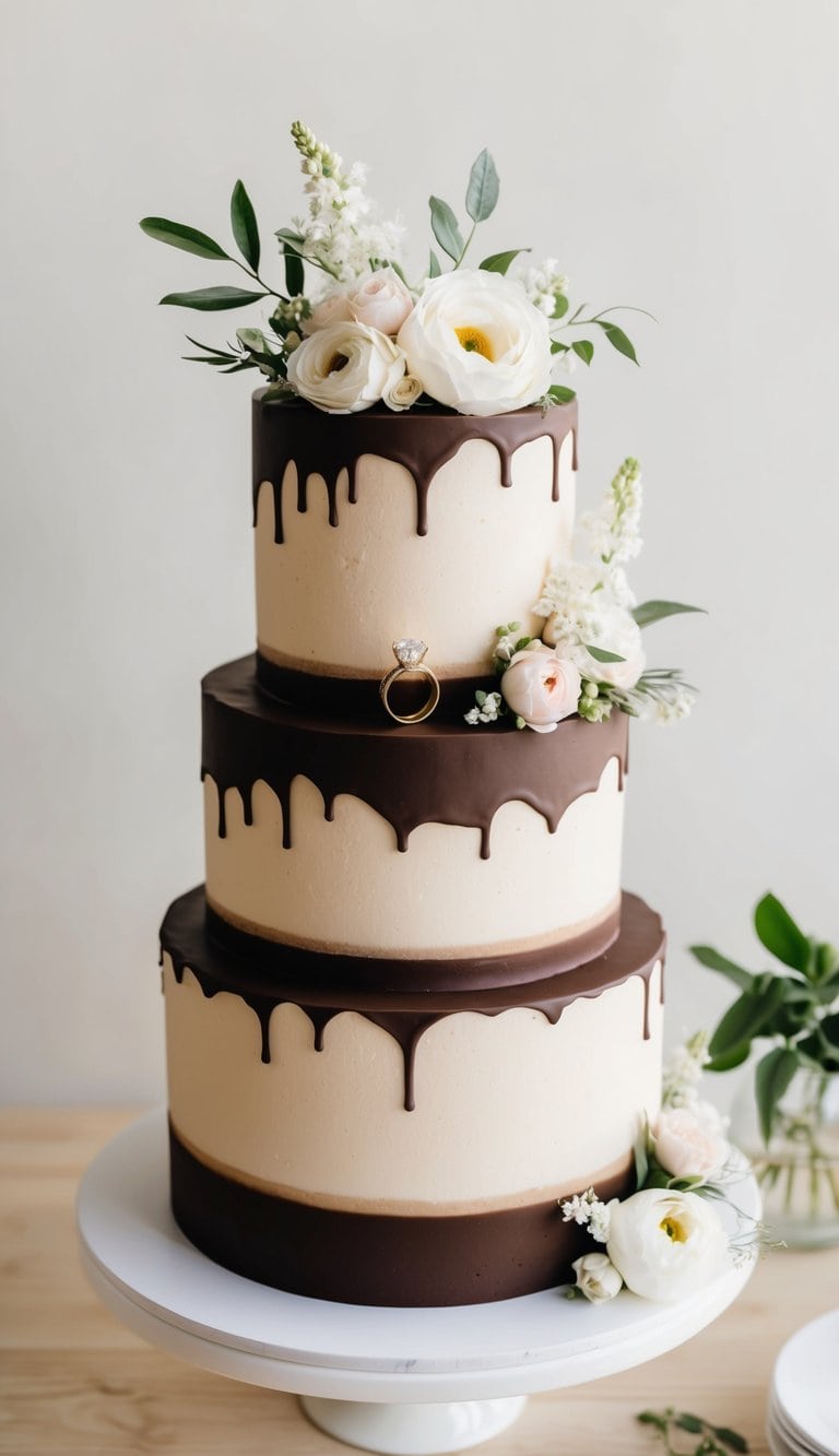 A two-tiered chocolate ganache cake adorned with delicate floral arrangements and a pair of interlocking engagement rings as the centerpiece