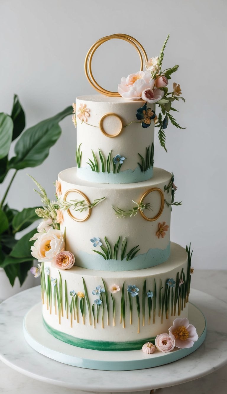 A garden-themed cake with rings, flowers, and whimsical details
