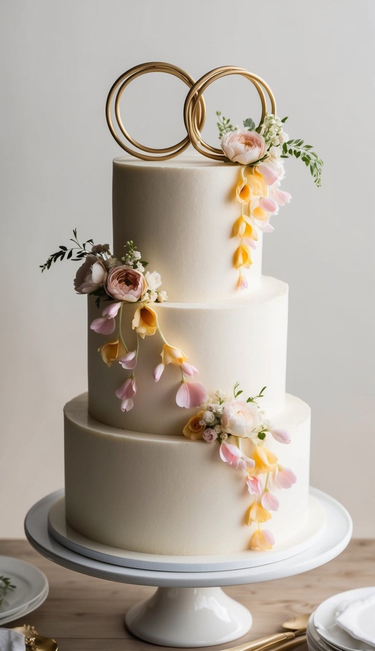 A three-tiered cake with cascading petals and floral arrangements, topped with a pair of intertwined gold rings
