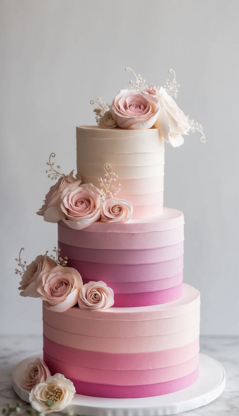A three-tiered cake with ombre layers in shades of pink, topped with buttercream roses and delicate piping details
