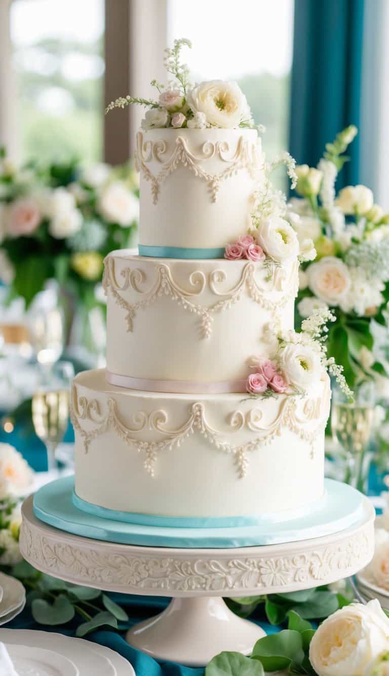 An elegant tiered cake adorned with intricate scrollwork piping and delicate floral accents, set on a decorative stand amid a festive engagement party atmosphere