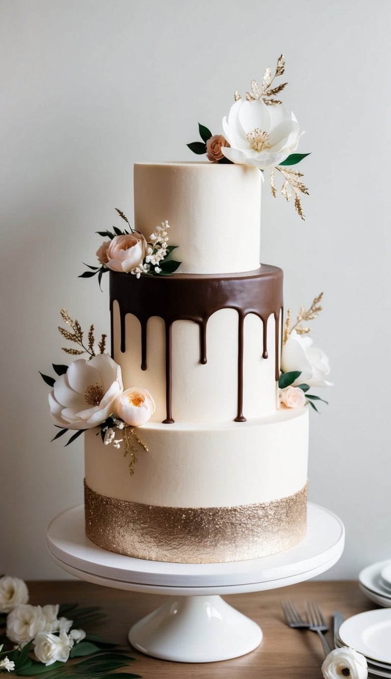 A three-tiered engagement party cake with a smooth chocolate ganache drip, adorned with elegant floral decorations and shimmering gold accents