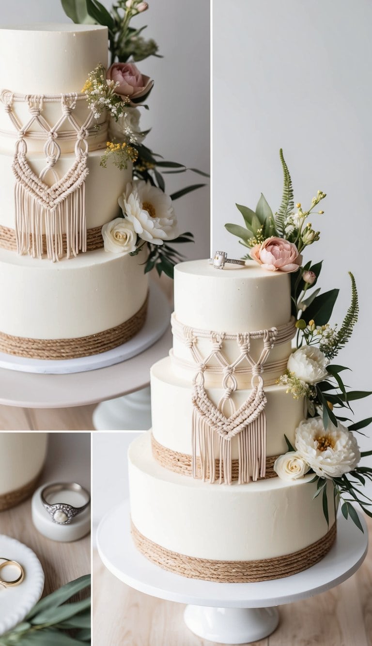 A bohemian-themed cake adorned with macramé, floral arrangements, and a pair of engagement rings