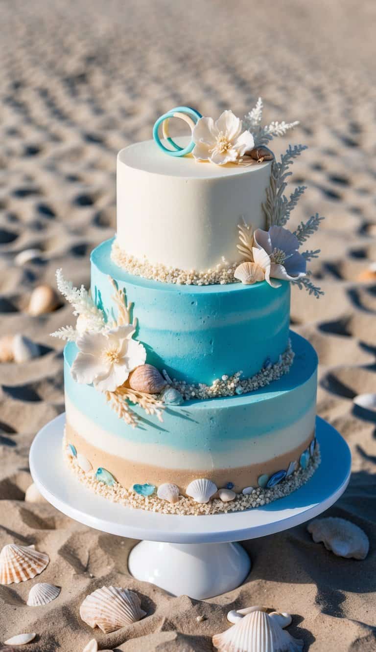 A sandy beach with seashells scattered around, a two-tiered cake decorated with rings, flowers, and ocean-themed elements