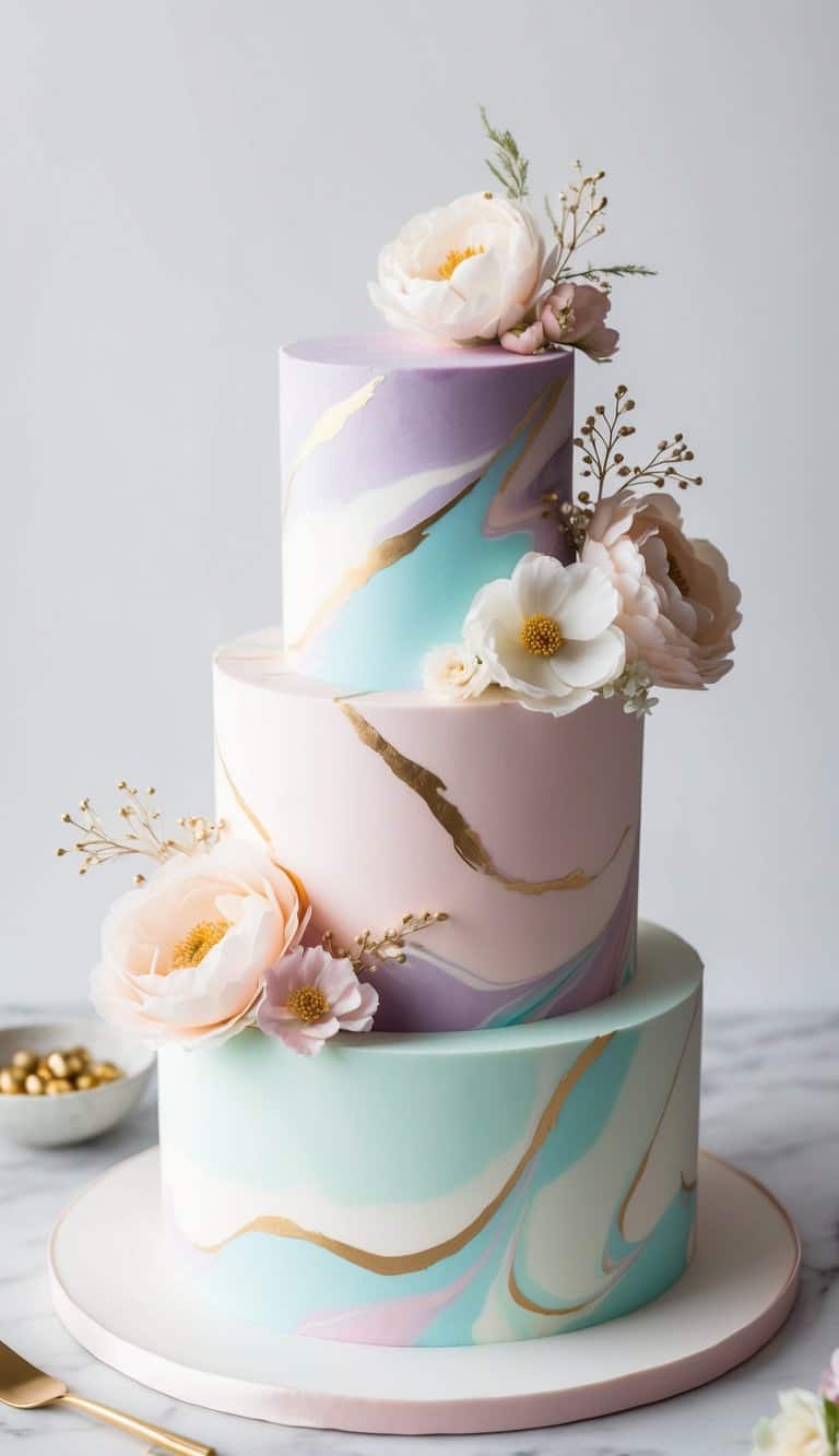 Marbled fondant in pastel hues covers a tiered cake adorned with delicate flowers and gold accents