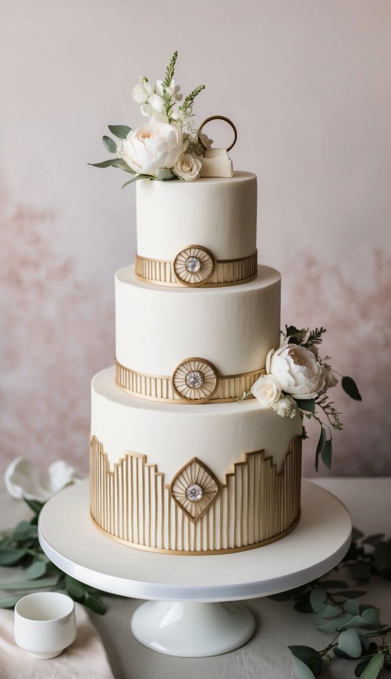 A tiered cake adorned with Art Deco style details, including rings and floral arrangements, set against a romantic backdrop