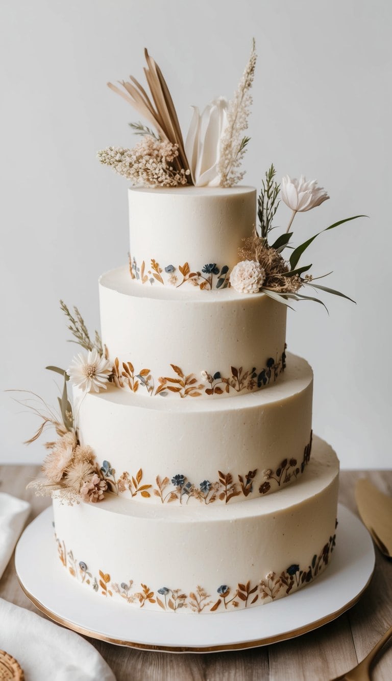 A boho chic engagement party cake adorned with dried flowers and whimsical decorations
