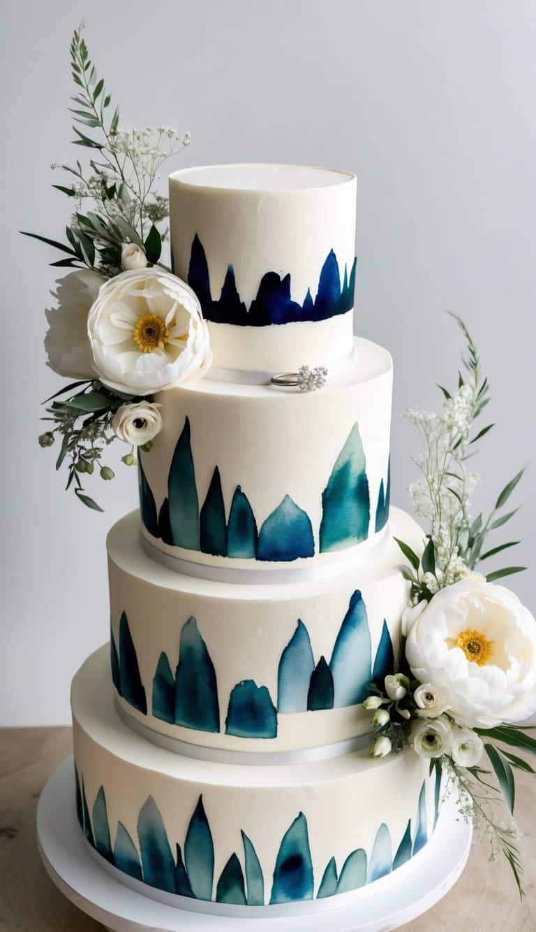 A tiered cake adorned with bold watercolor designs, delicate floral arrangements, and sparkling engagement rings