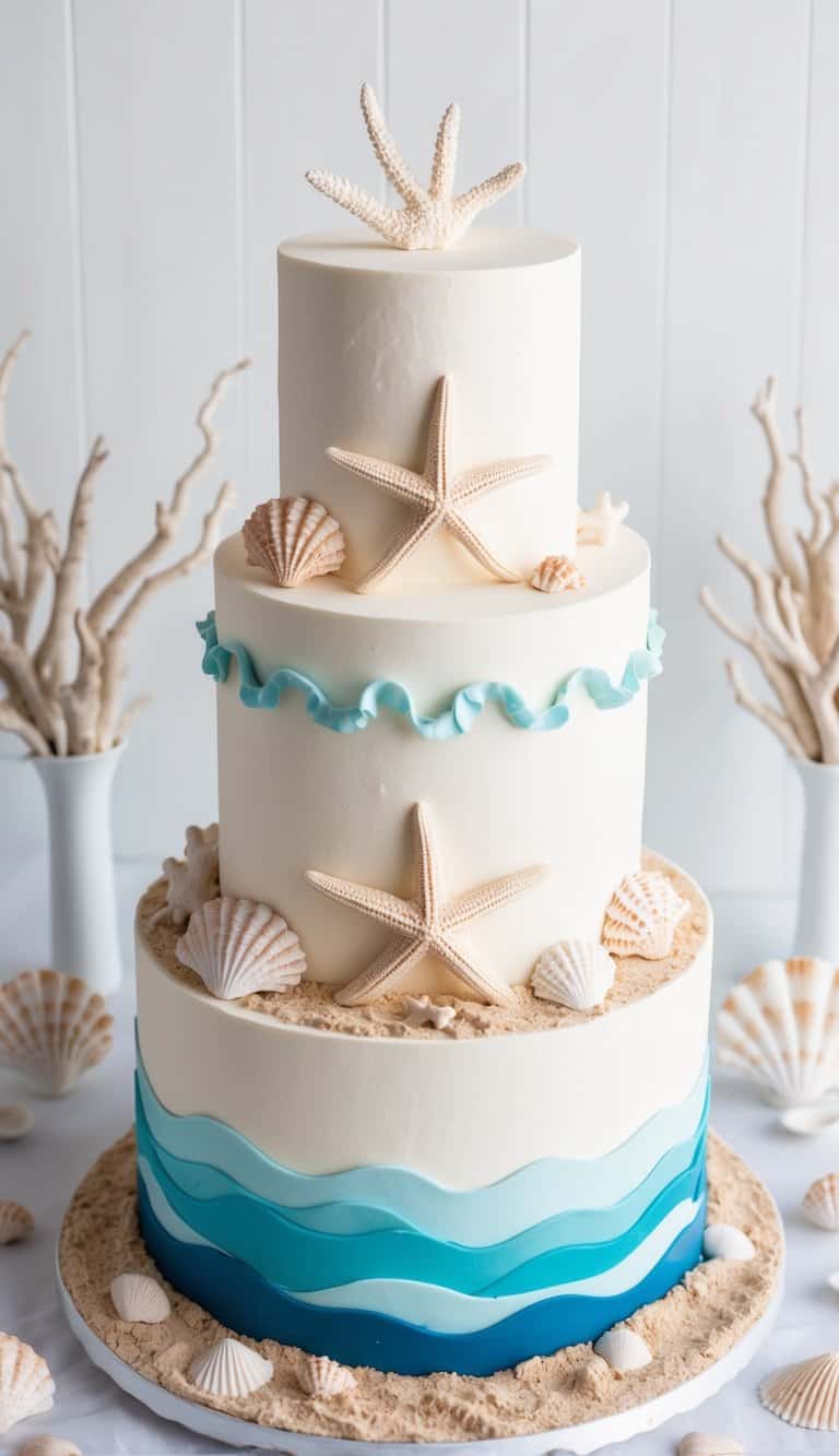 A beach-themed engagement party cake with starfish and coral decorations on a sandy-colored base, surrounded by seashells and ocean waves