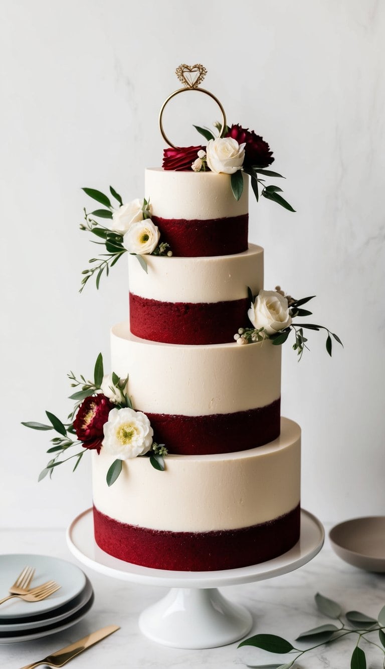 A classic red velvet cake adorned with floral arrangements and a ring topper