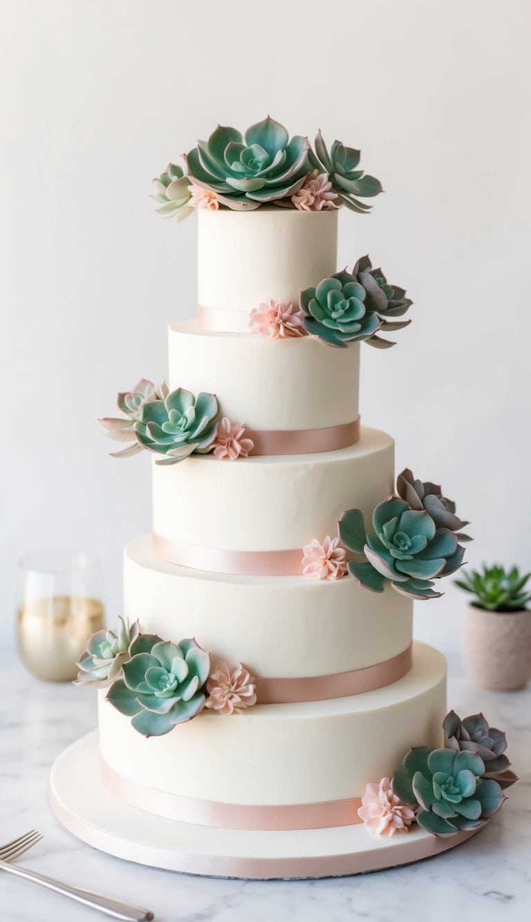 A tiered cake adorned with mint and blush-colored succulents, creating a chic and celebratory engagement party centerpiece