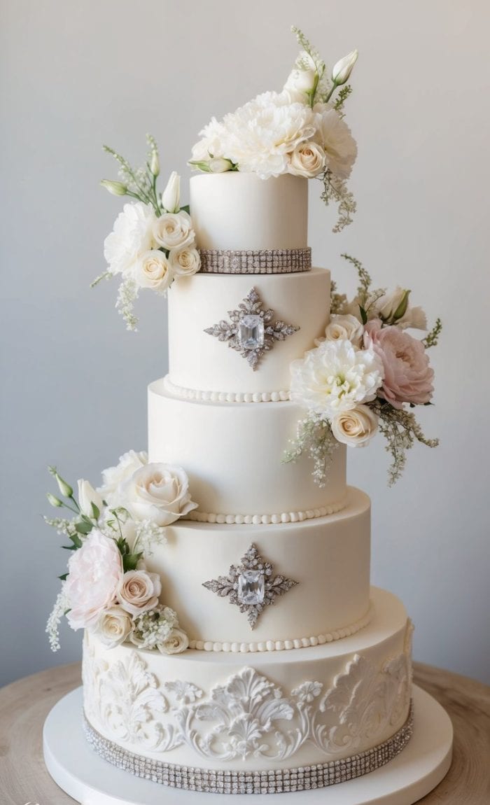 Five-tiered white wedding cake adorned with white and blush roses, pearls, and crystal embellishments. Each tier is detailed with ornate designs and floral arrangements. It sits on a round wooden base.