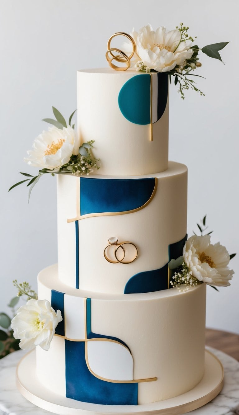 A tiered cake adorned with abstract, modern art designs, featuring floral arrangements and wedding rings as the centerpiece