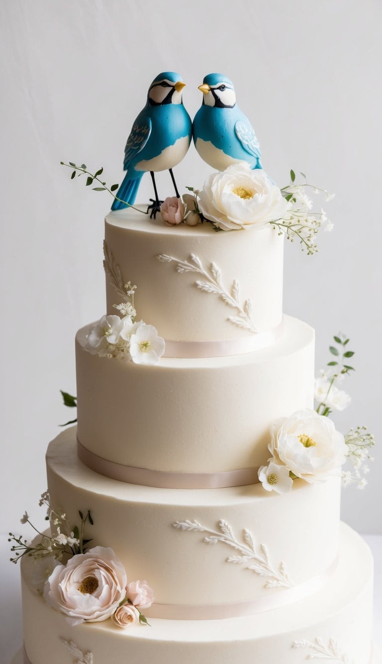 Two love bird figurines perched on top of a tiered engagement party cake, surrounded by delicate floral decorations and elegant icing details