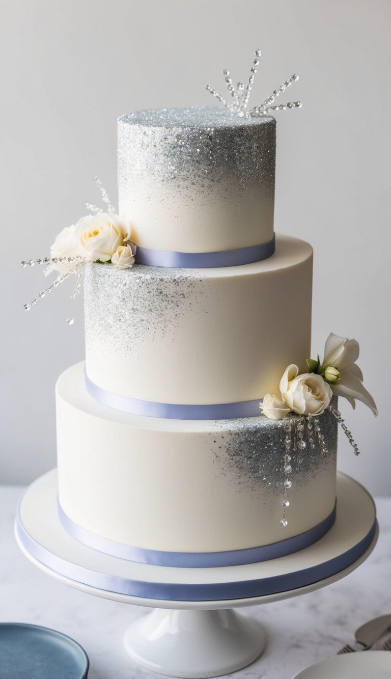 Sparkling edible glitter and crystals adorn a tiered engagement party cake, adding a chic and celebratory touch