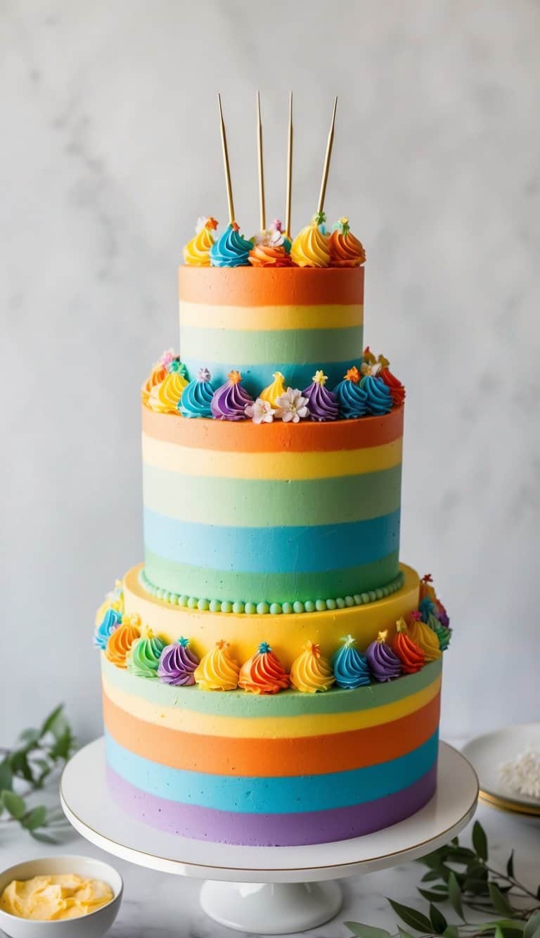 A tall, multi-tiered cake with bright and bold rainbow layers, adorned with festive decorations and elegant details