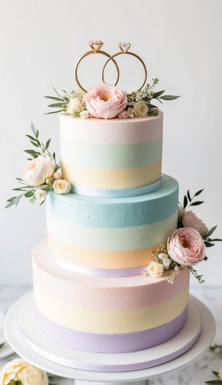 A pastel rainbow layers cake adorned with delicate floral arrangements and two interlocking engagement rings on top