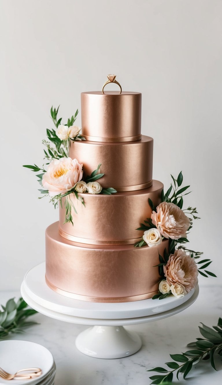 A rose gold metallic cake adorned with floral arrangements and engagement rings sits on a pristine white cake stand