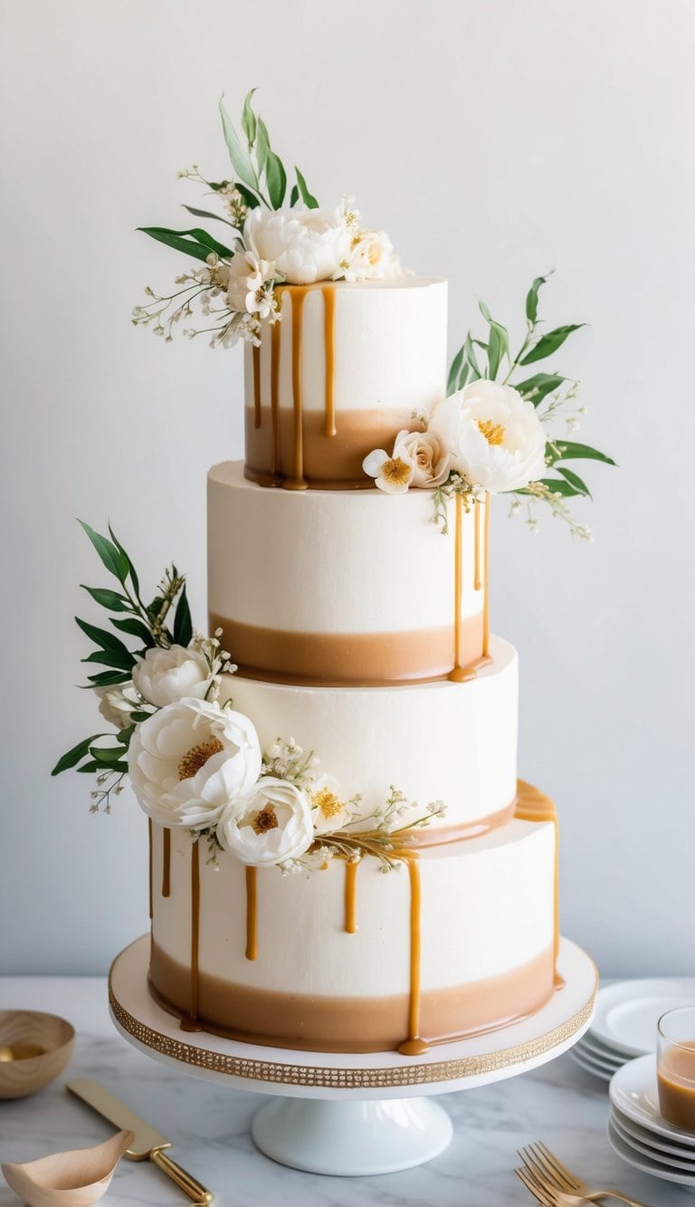 A three-tiered engagement cake with salted caramel drip, adorned with elegant floral decorations and gold accents