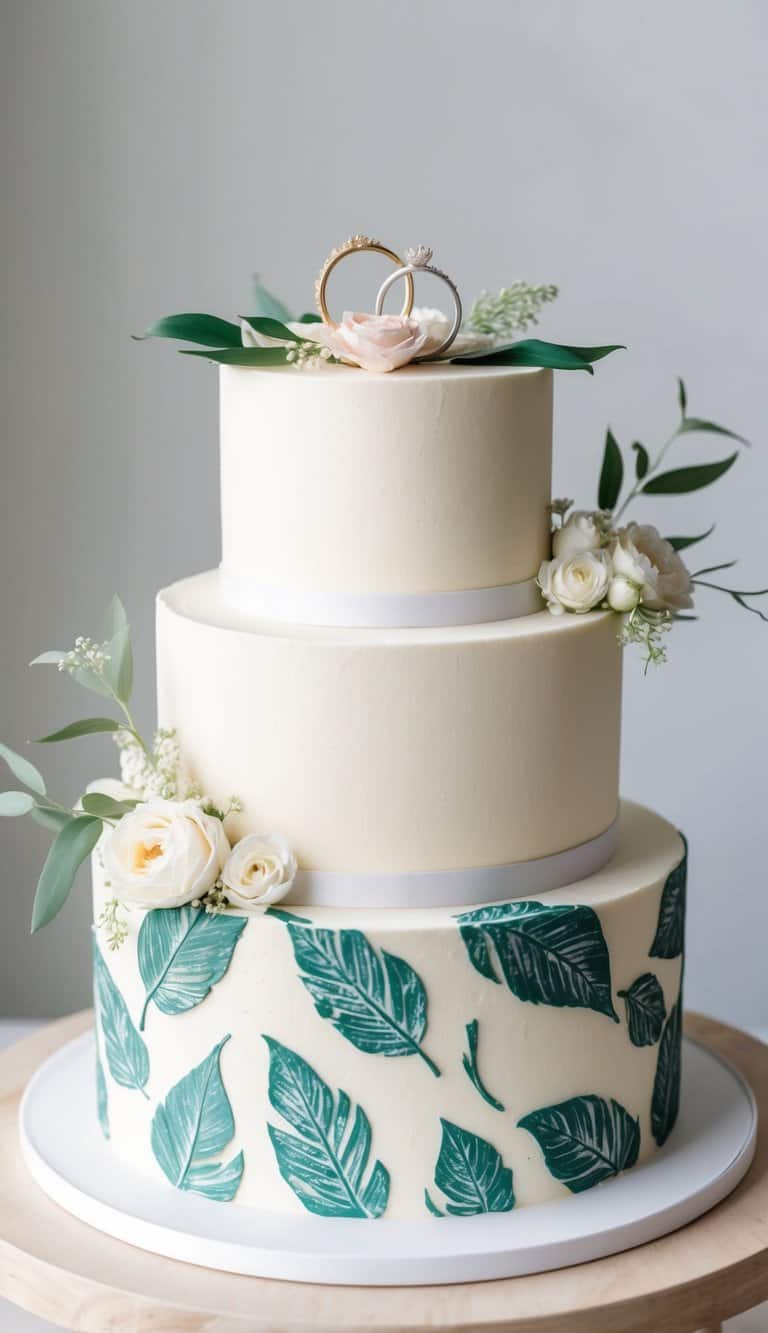 A two-tiered cake covered in botanical leaf imprints, adorned with delicate floral arrangements and two intertwined engagement rings on top