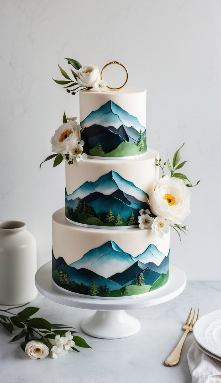 A mountain landscape cake with ring and floral decorations