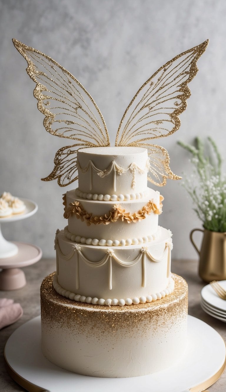 A fairy-themed birthday cake adorned with edible glitter for a magical touch. Delicate wings and enchanting designs create an enchanting scene